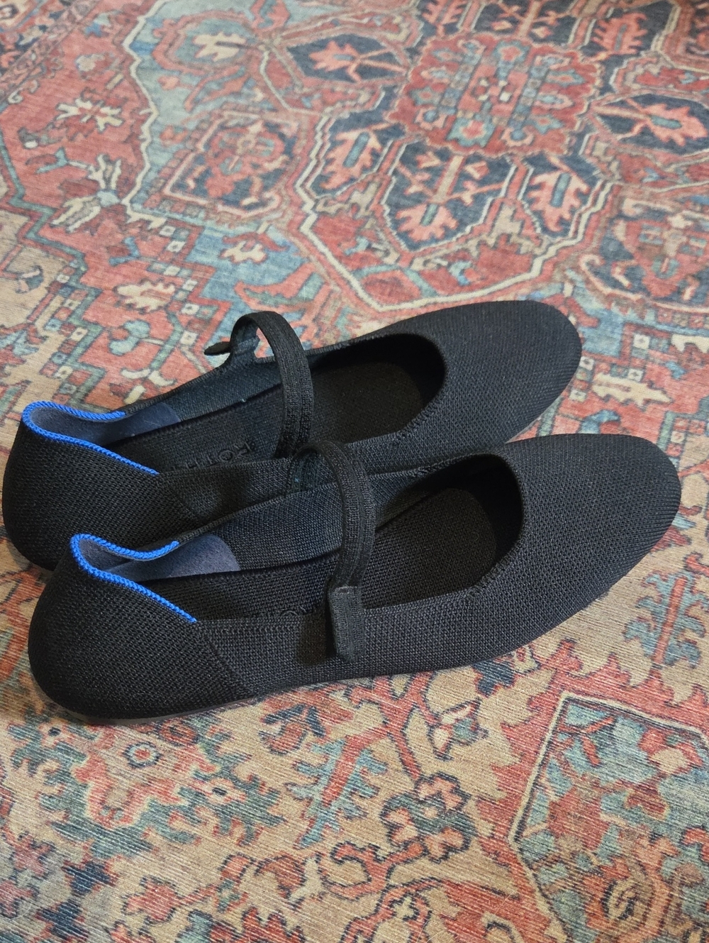 Rothy's Black Knit Mary Jane Flats with Blue Trim
